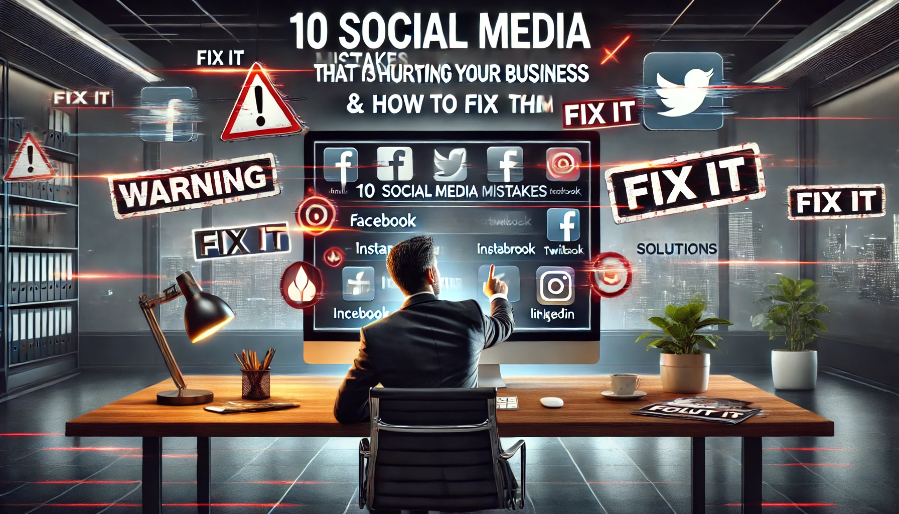 DALL·E 2025-03-21 14.32.05 - A business owner sitting at a desk, looking at a large screen displaying '10 Social Media Mistakes That Are Hurting Your Business & How to Fix Them' i